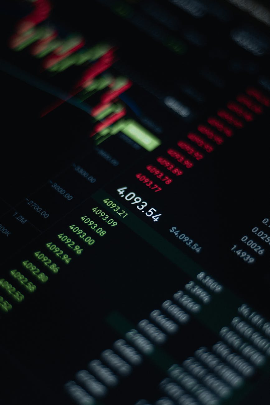 Close-up of stock market data with fluctuating numbers and graphs on screen.