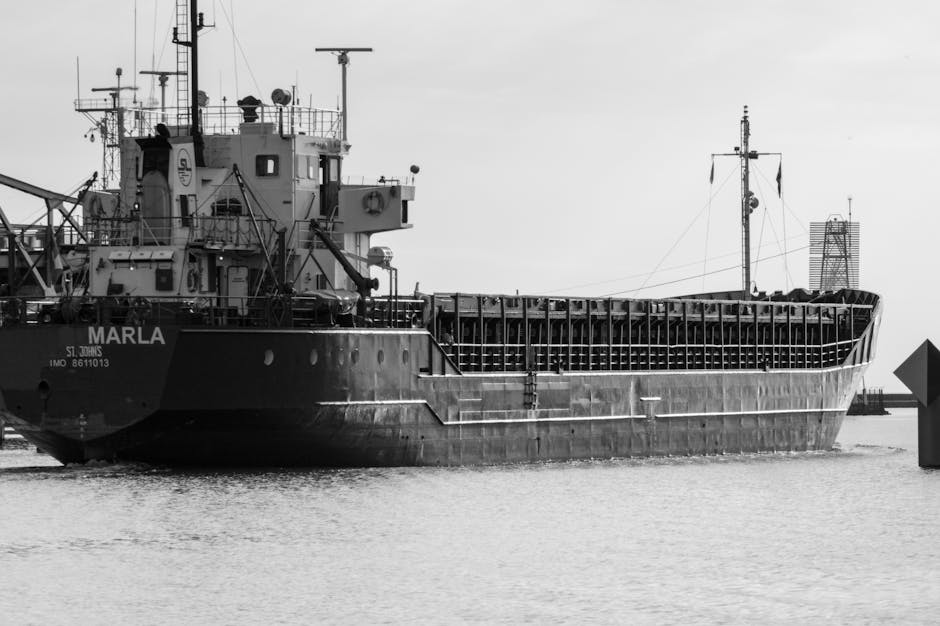 Monochrome image of a cargo ship named MARLA navigating calm waters.